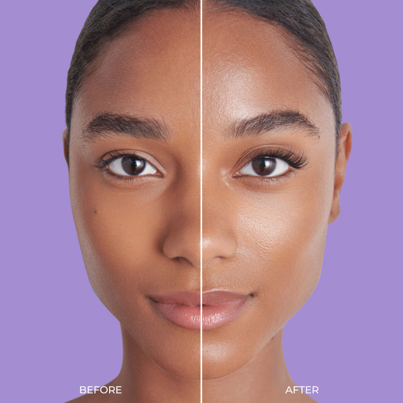A side by side photo that shows off the difference between natural lashes and  a full set of imPRESS press on lashes, adding volume and length. 