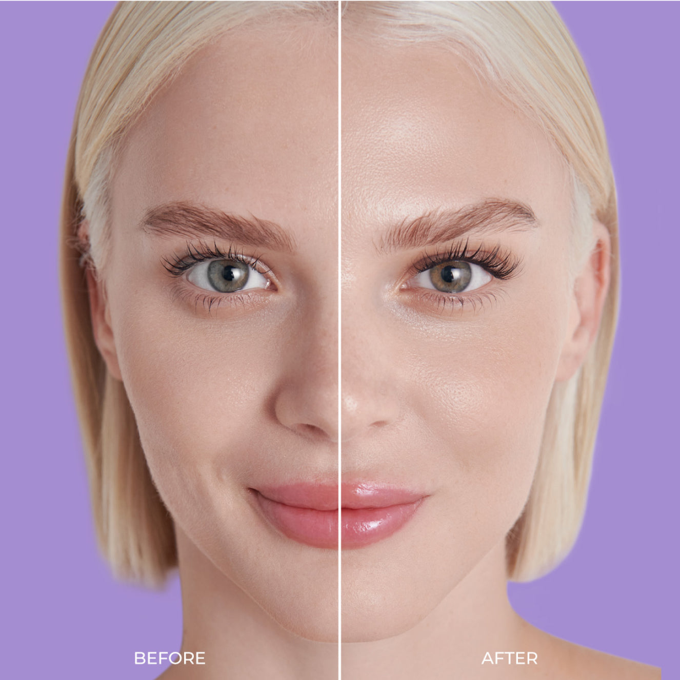 A side by side of a woman's face before and after wearing imPRESS press on lashes from the Long Lasting collection. Lashes go from being sparse to more full but natural looking with a lifted eye effect. 