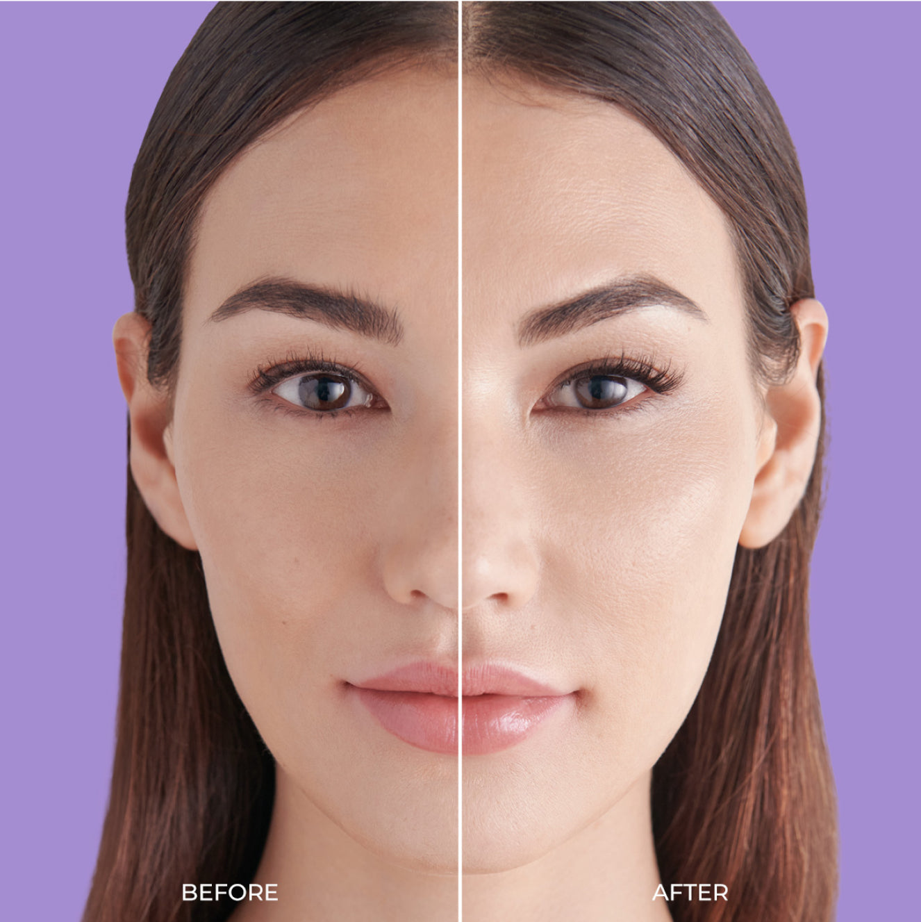 A side by side photo that shows off the difference between natural lashes and  a full set of imPRESS press on lashes, adding volume and length. 
