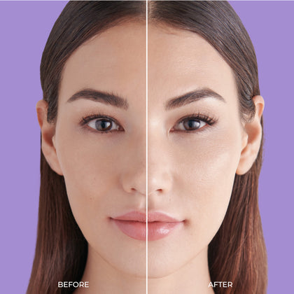 A side by side photo that shows off the difference between natural lashes and  a full set of imPRESS press on lashes, adding volume and length. 