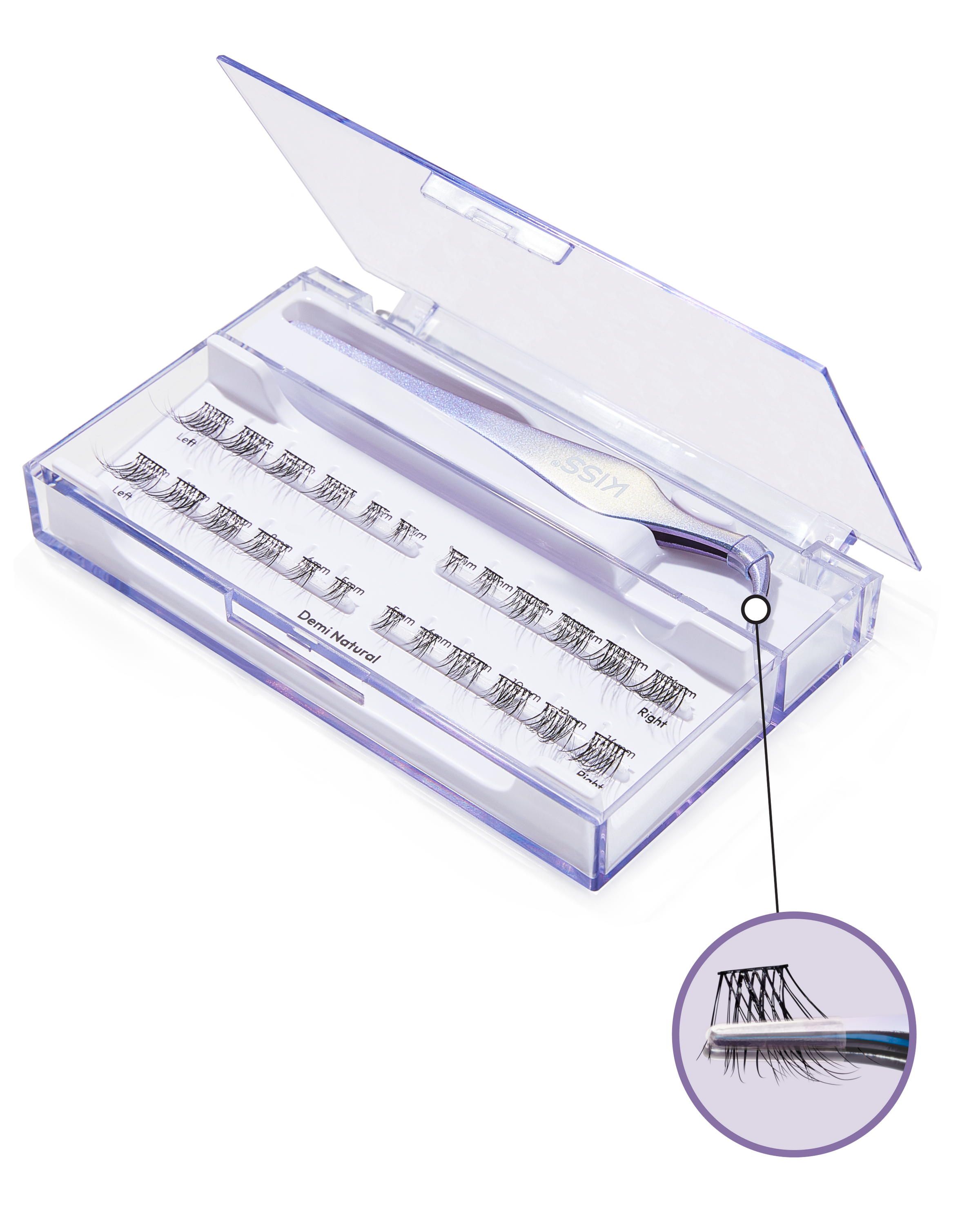 A container of long lasting lash clusters with lash tool included. There's a close up showing the tip of the lash tool holding a lash cluster to display how to use the tool. 
