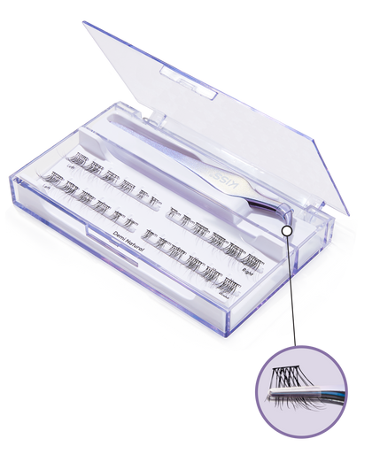 A container of long lasting lash clusters with lash tool included. There's a close up showing the tip of the lash tool holding a lash cluster to display how to use the tool. 