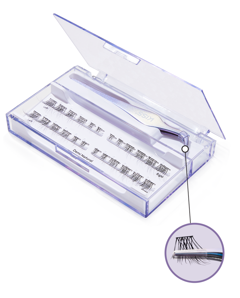 A container of long lasting lash clusters with lash tool included. There's a close up showing the tip of the lash tool holding a lash cluster to display how to use the tool. 