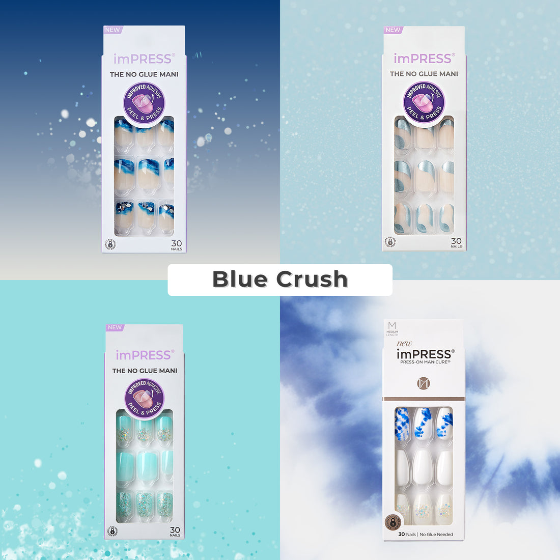 imPRESS Blue Crush press-on nail collection with four designs featuring blue and white patterns.