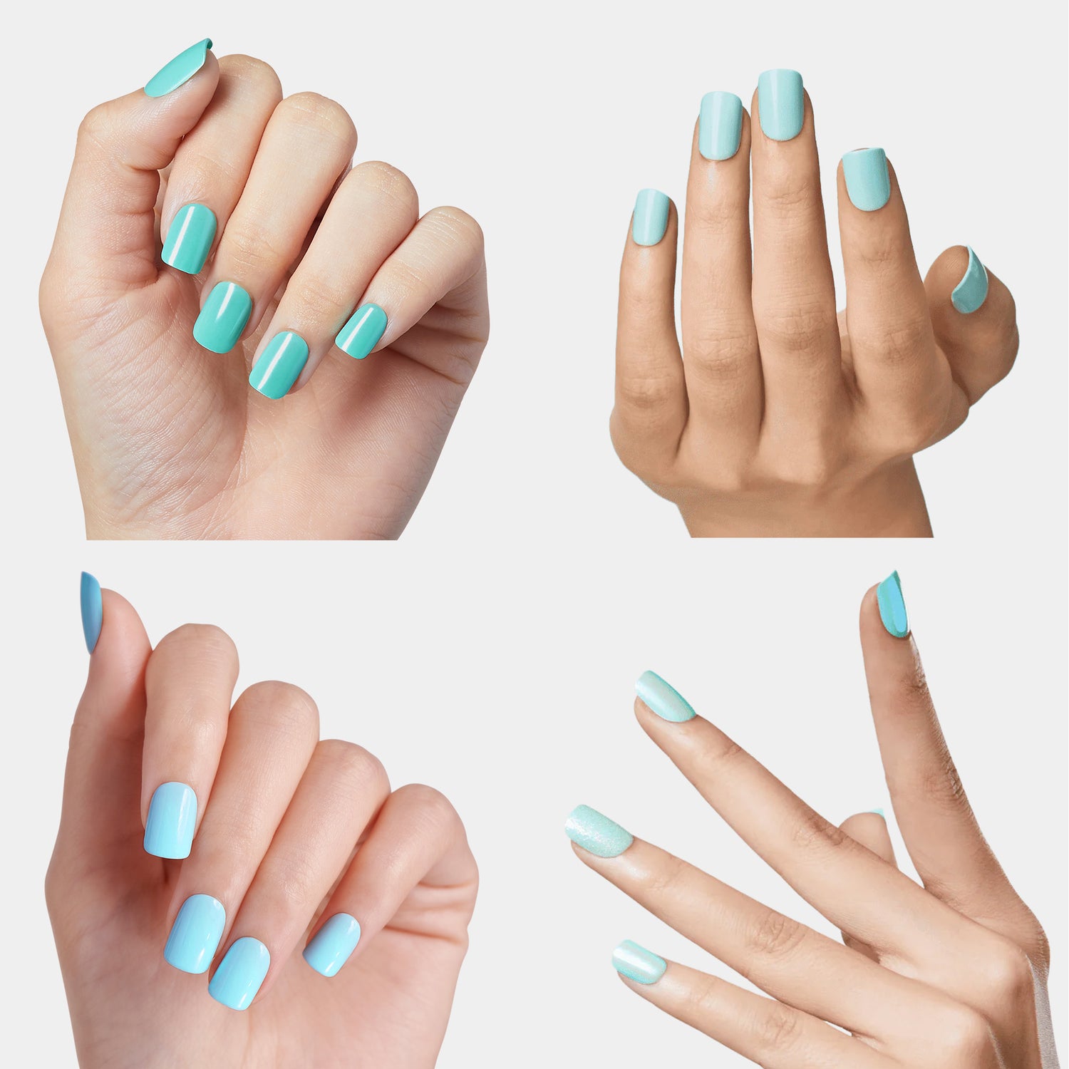 Four hands displaying turquoise and light blue nail polish in various shades and finishes.