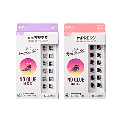 imPRESS Press-On Falsies: Chic Wispy and Refined Volume, 12 clusters each, no glue needed.