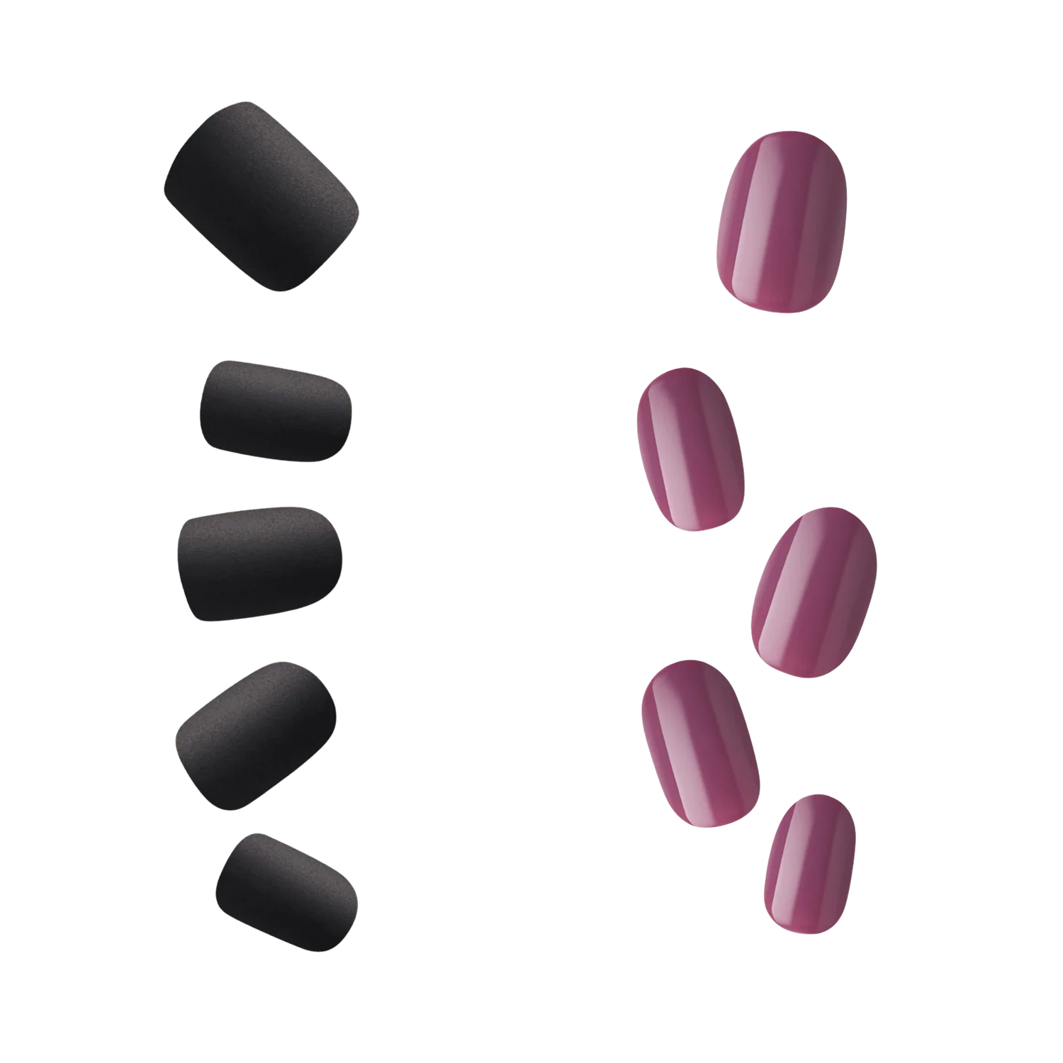 Black and mauve press-on nail sets displayed in two columns.