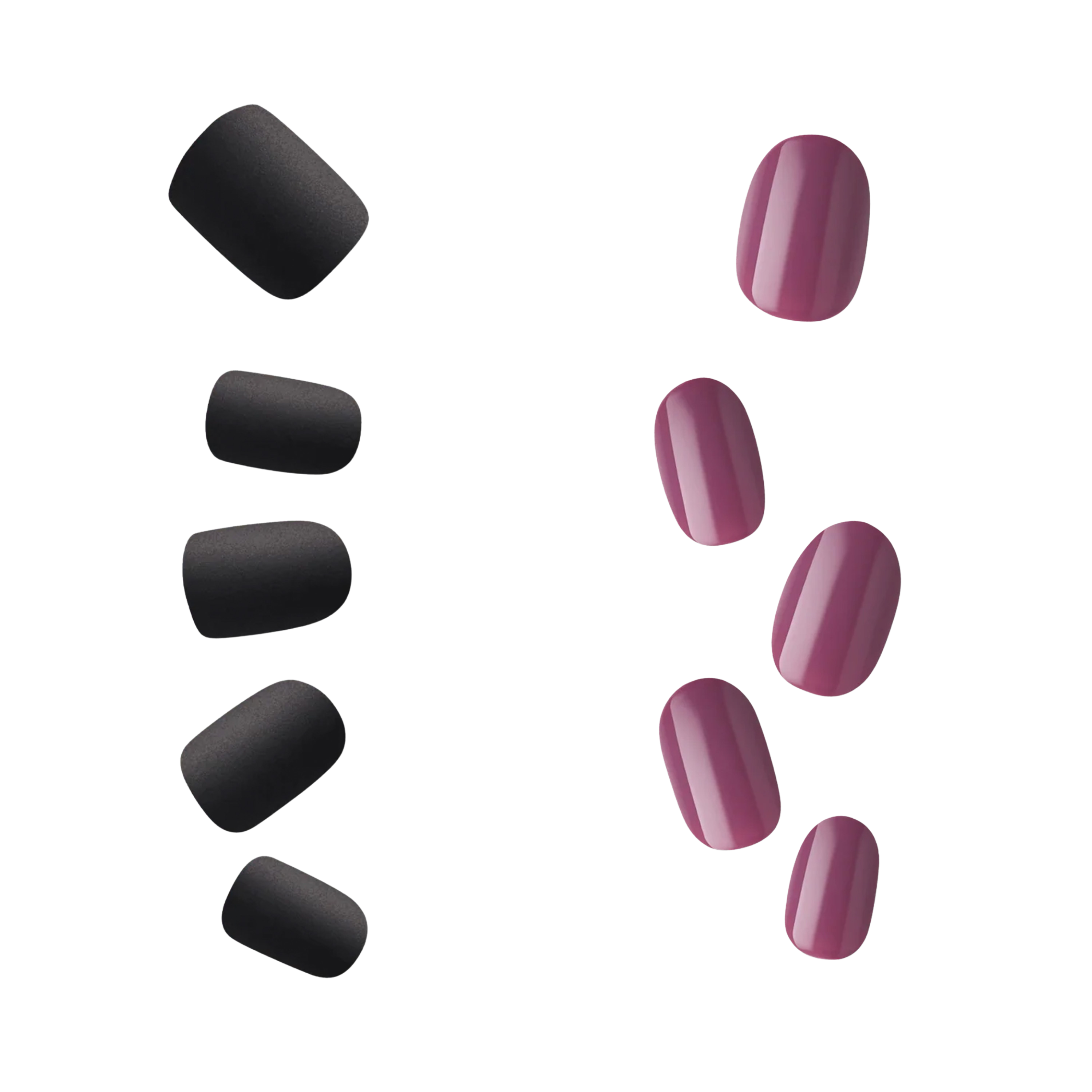 Black and mauve press-on nail sets displayed in two columns.
