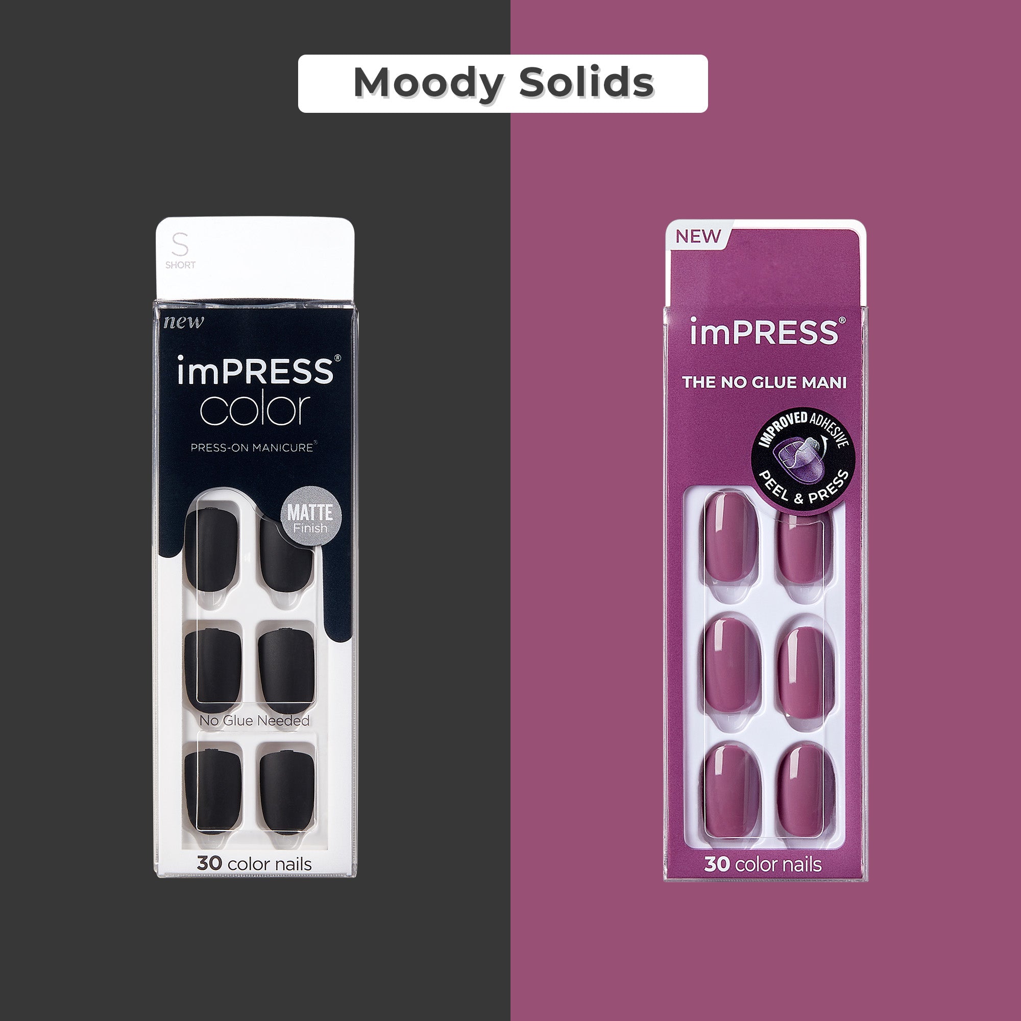 imPRESS Color press-on nails in black matte and burgundy shades, 30 nails each.