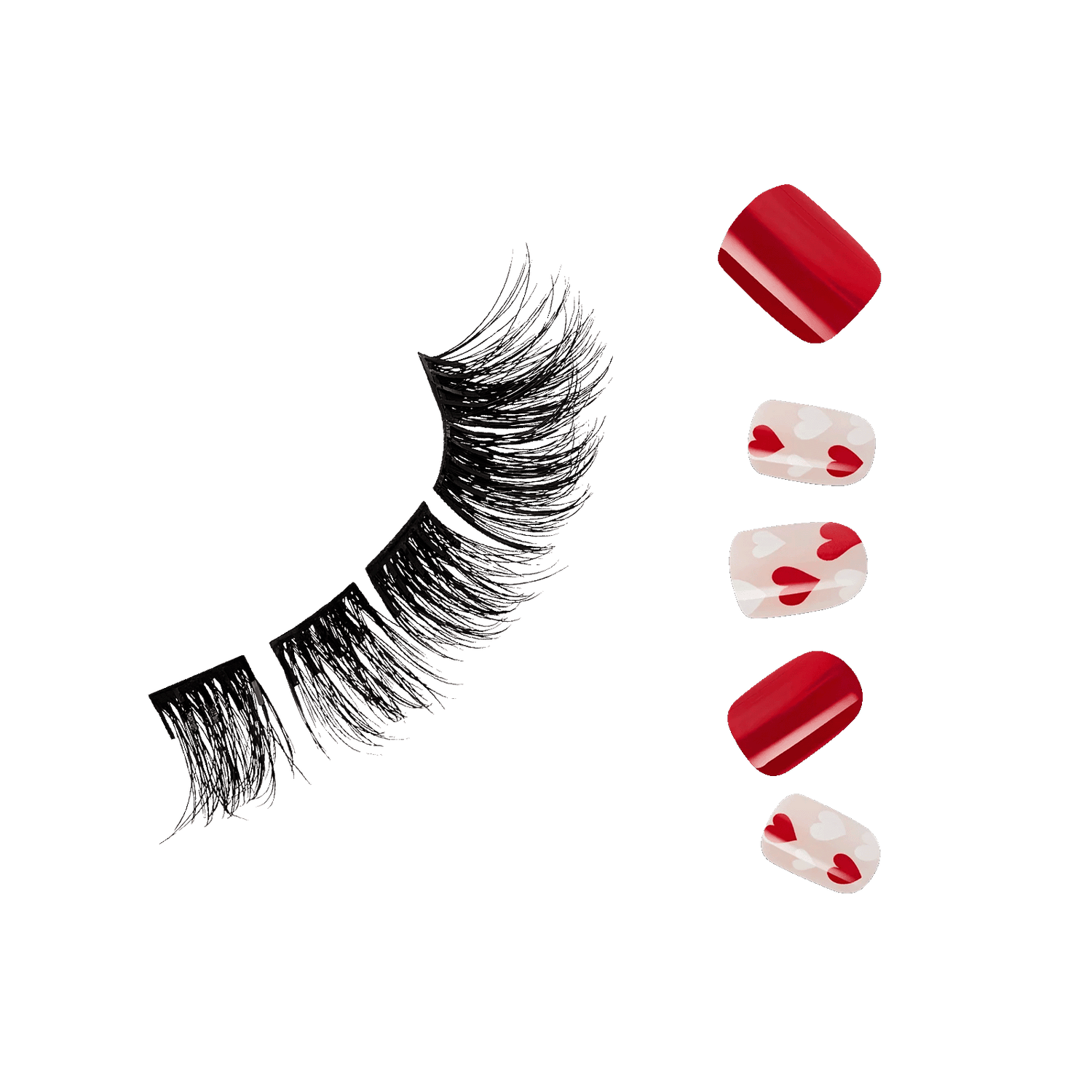 False eyelashes and nail designs on a white background