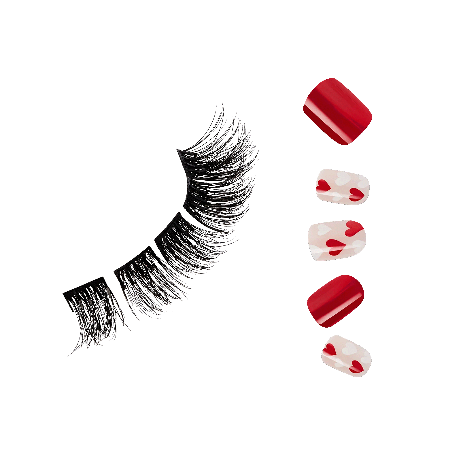 False eyelashes and nail designs on a white background