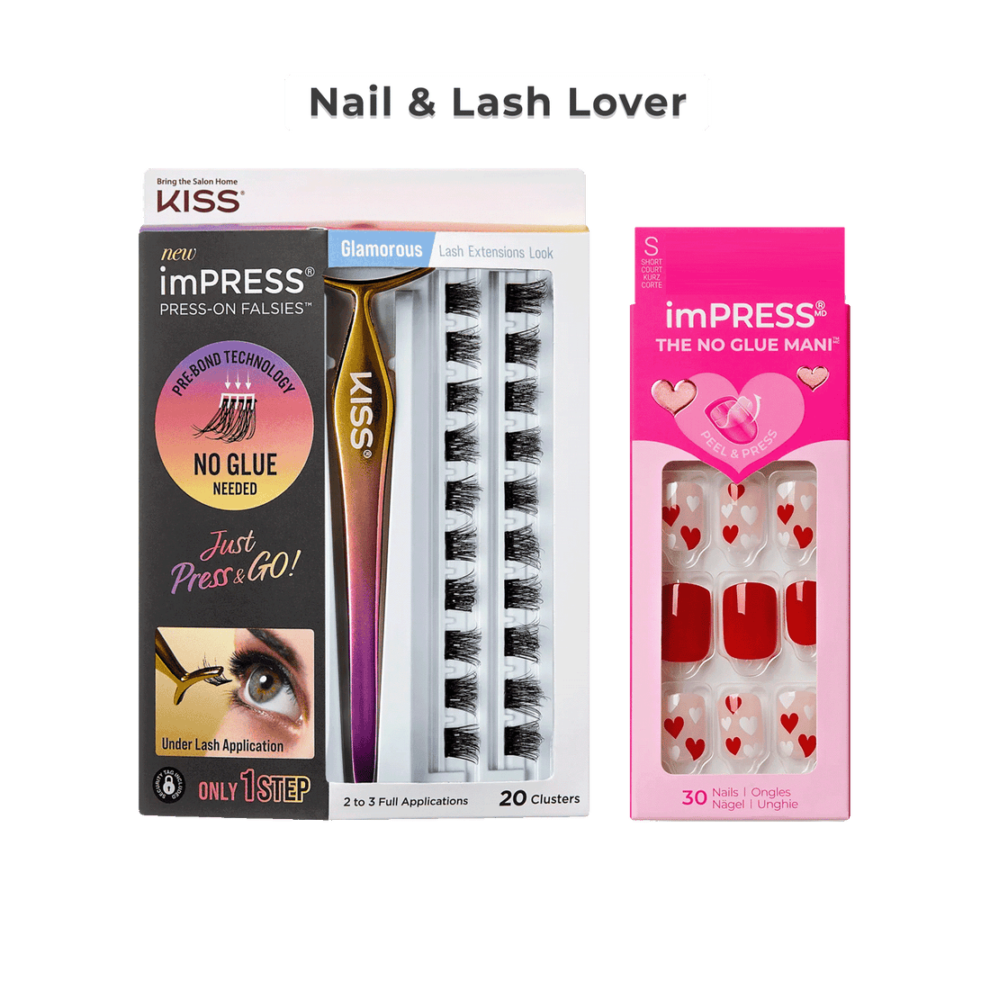 Kiss press-on false eyelashes and nail extensions packaging on a white background