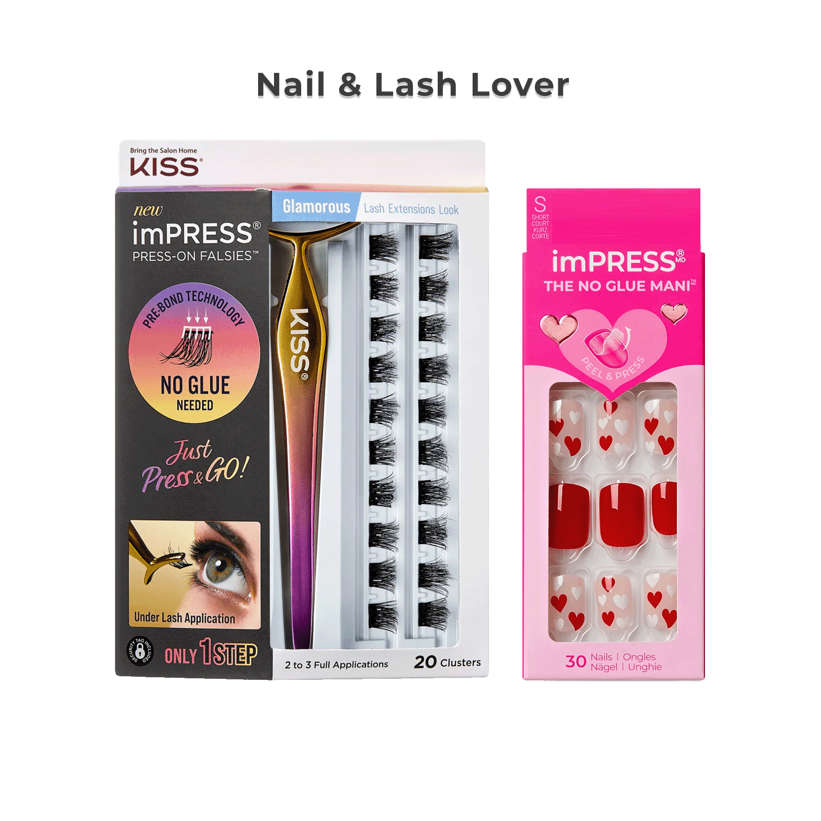 Kiss press-on false eyelashes and nail extensions packaging on a white background