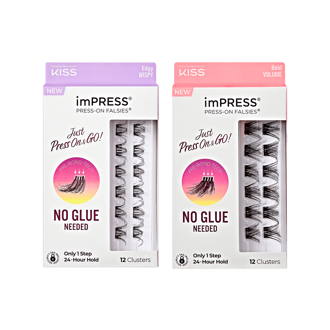 KISS imPRESS Press-On Falsies duo: Edgy Wispy and Bold Volume, 12 clusters each, no glue needed.
