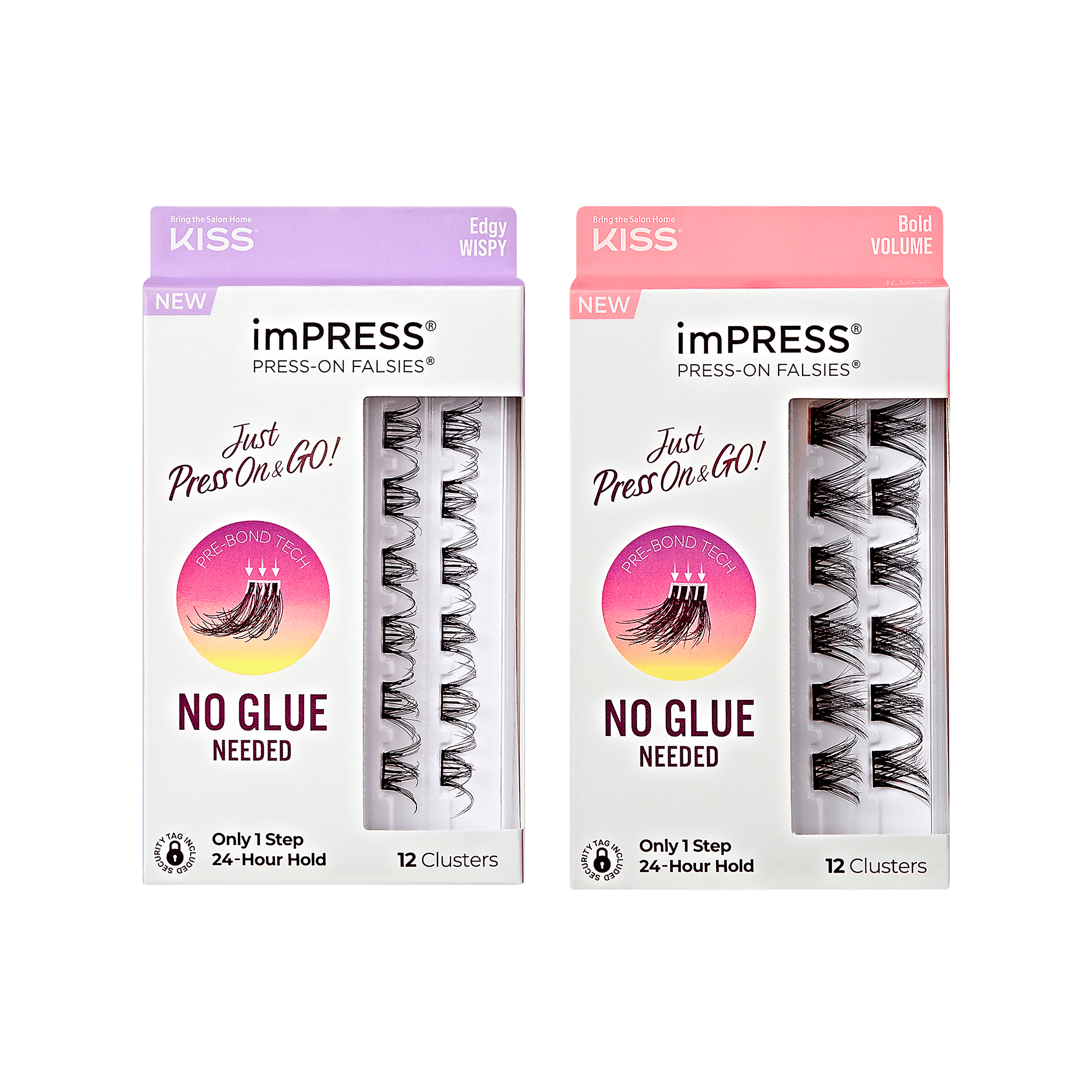 KISS imPRESS Press-On Falsies duo: Edgy Wispy and Bold Volume, 12 clusters each, no glue needed.