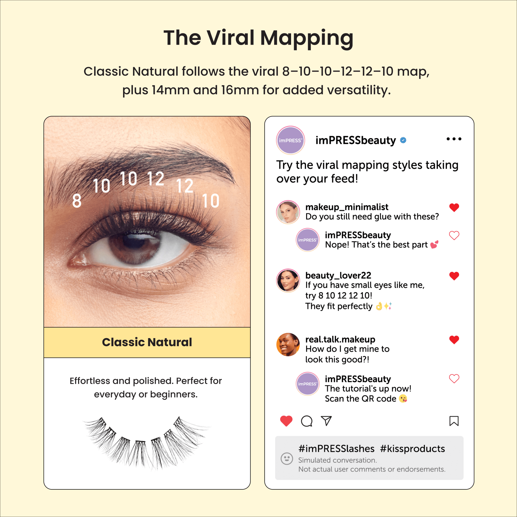 Eyelash product advertisement with viral mapping and user comments on a beige background