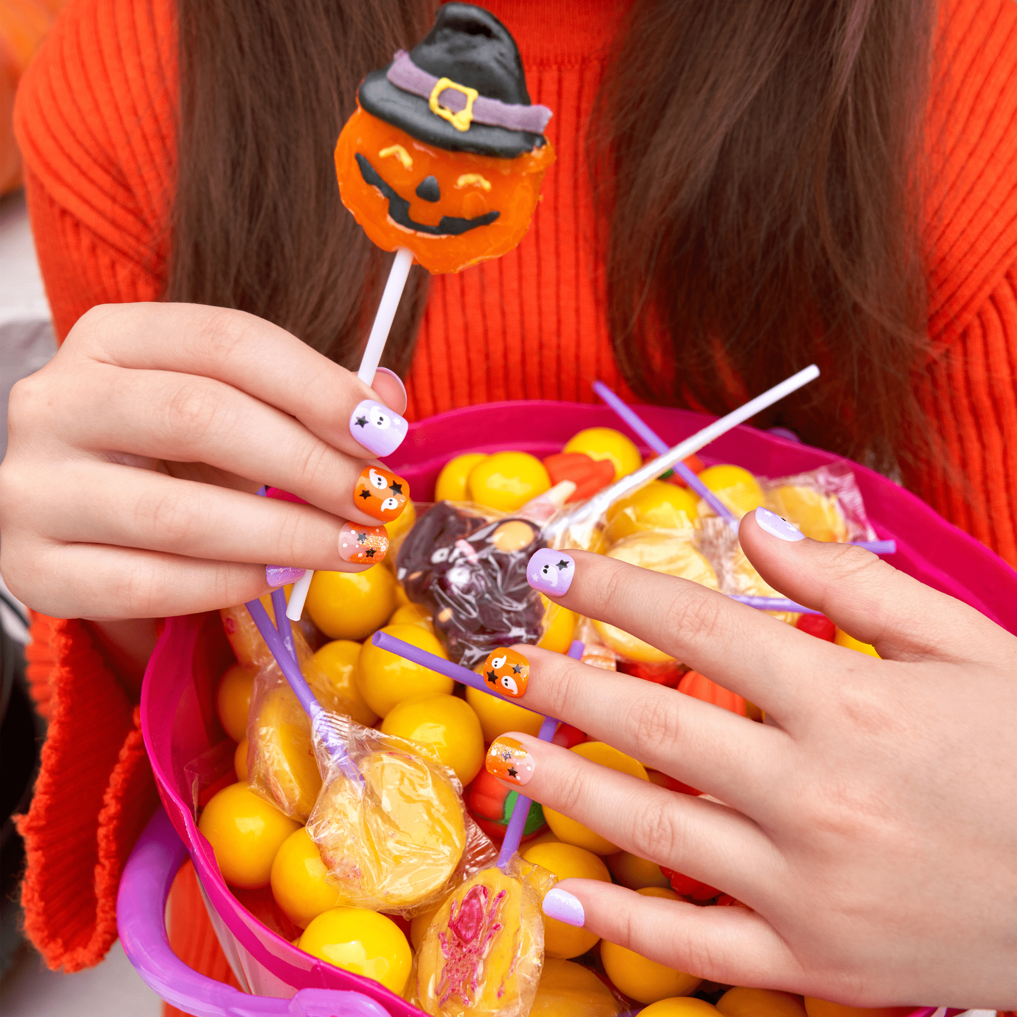 Impress Kids Halloween No Glue Fake Press On Nails - Boo! | Design, Purple &amp; Orange, Kids, Squoval, Glow In The Dark, Manicure
