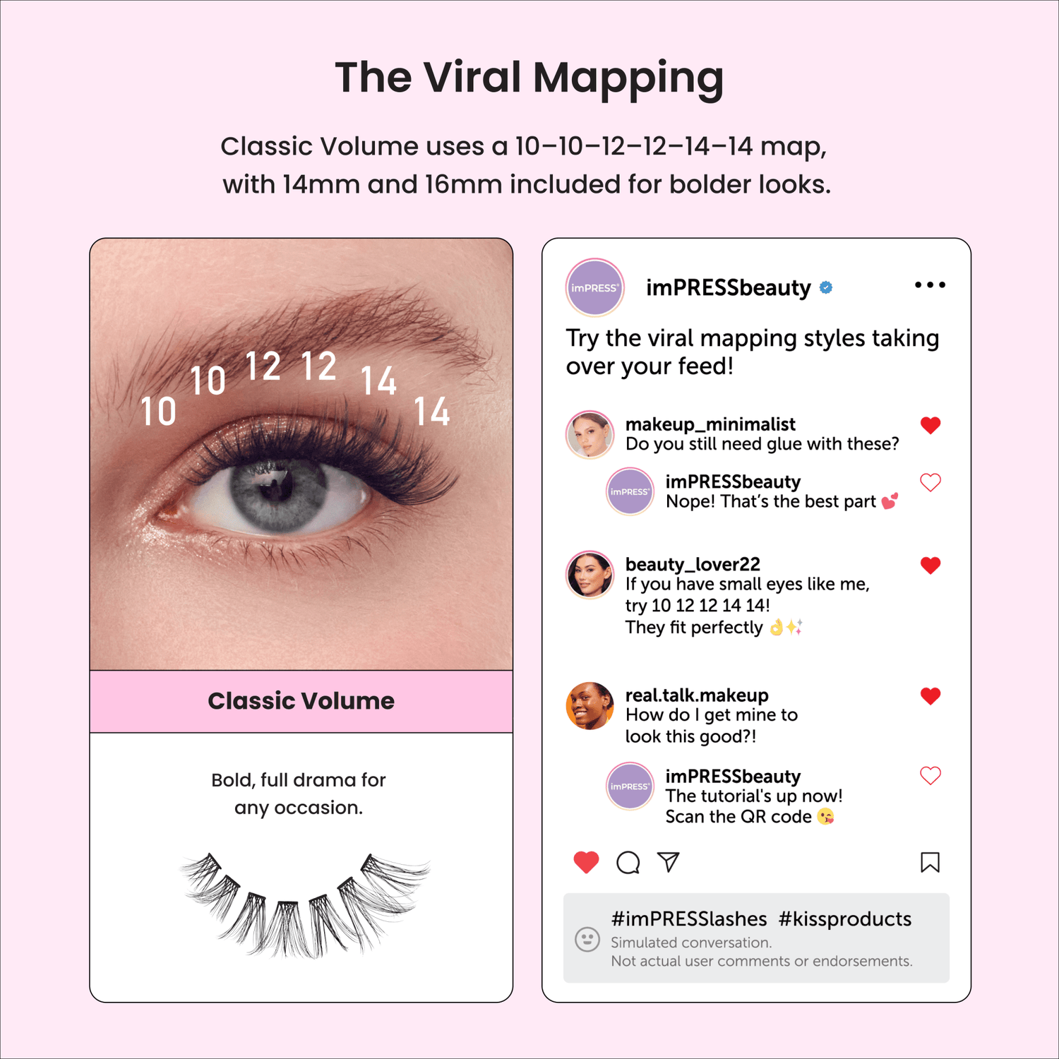 Lash product advertisement with eye illustration and social media engagement on a pink background