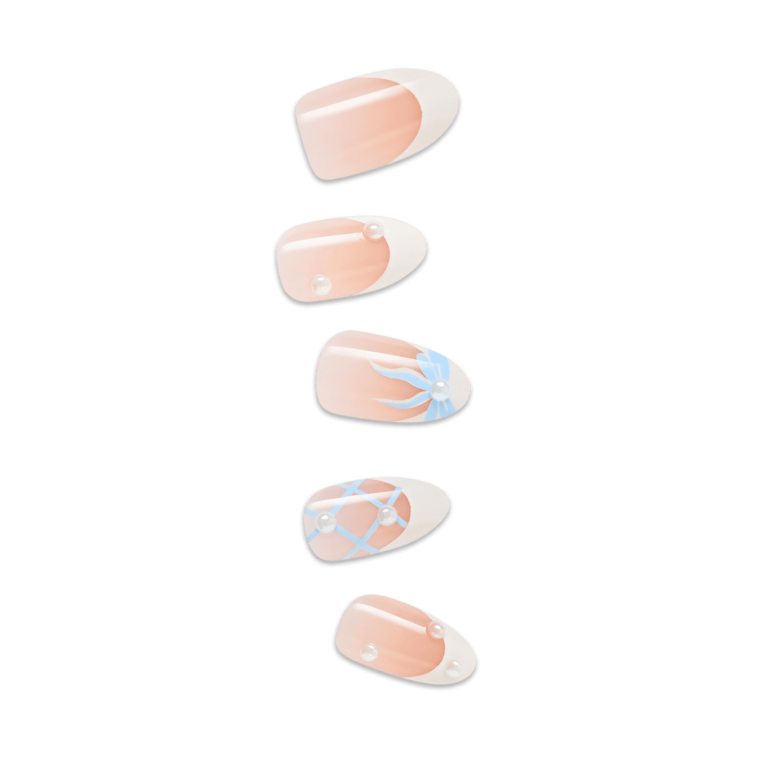 Set of french style nails designed with pearls and blue details on a clear background