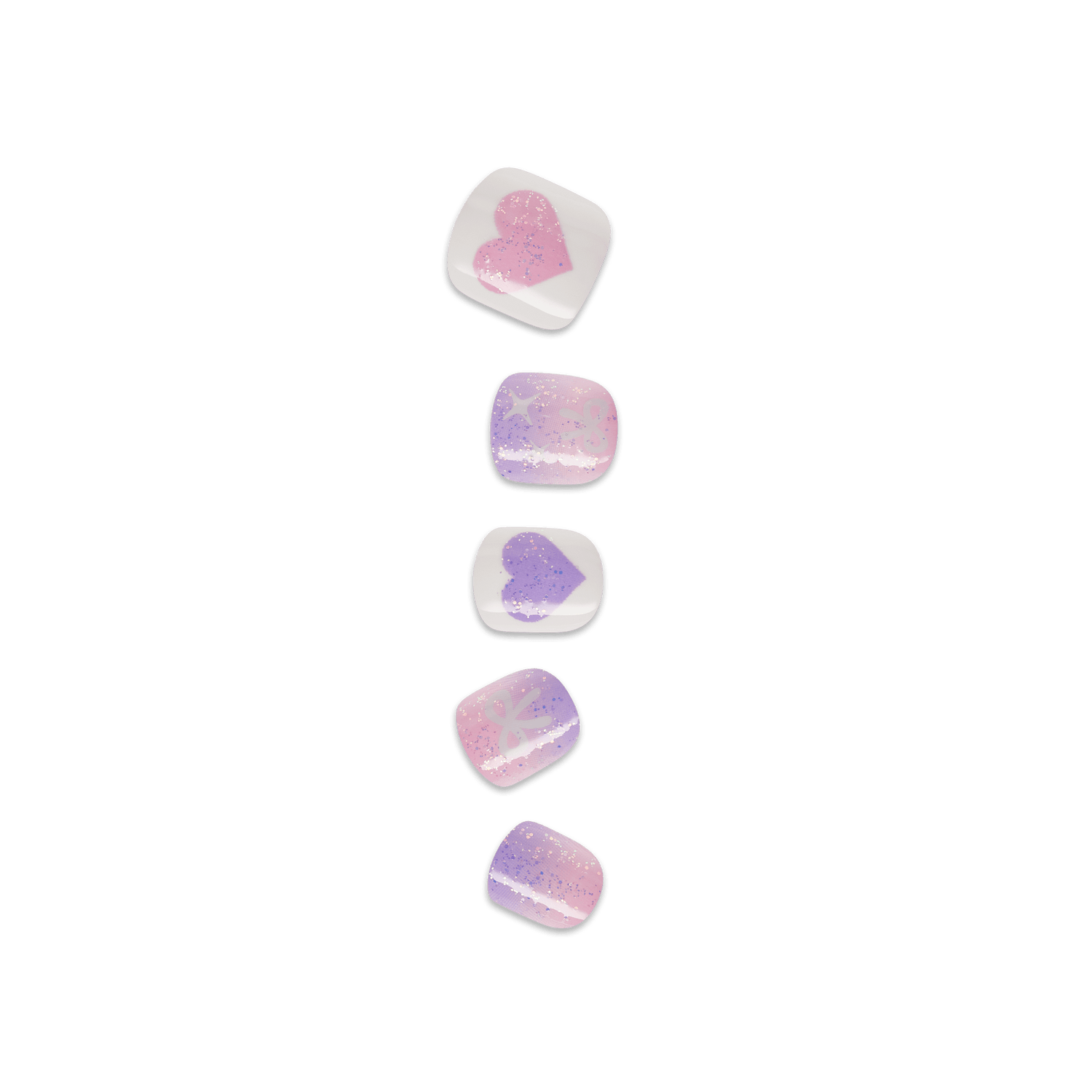 Five heart-shaped glitter soap bars in pink and purple gradient colors