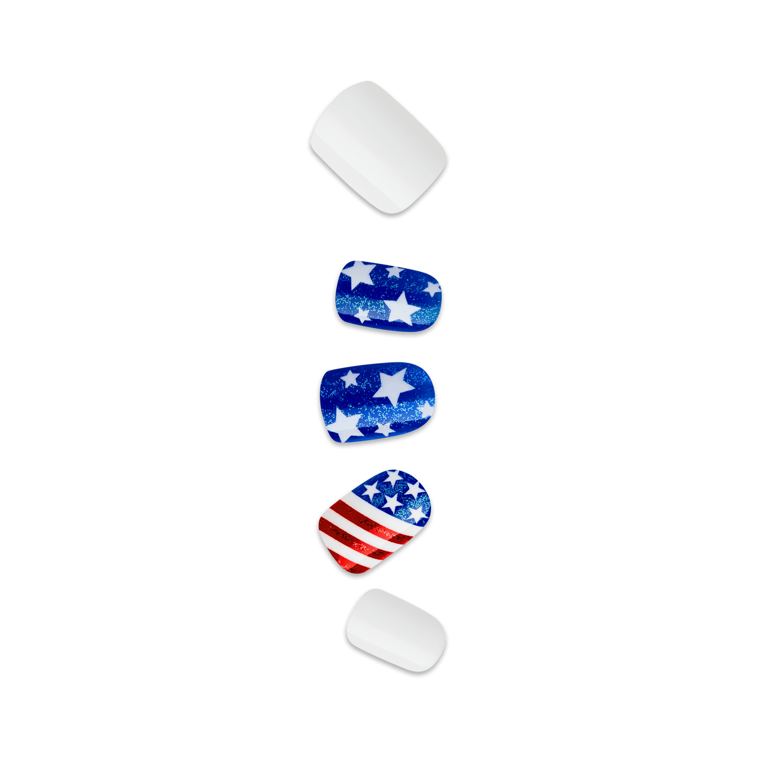 Set of glittery american flag inspired nails with star patterns on a clear background