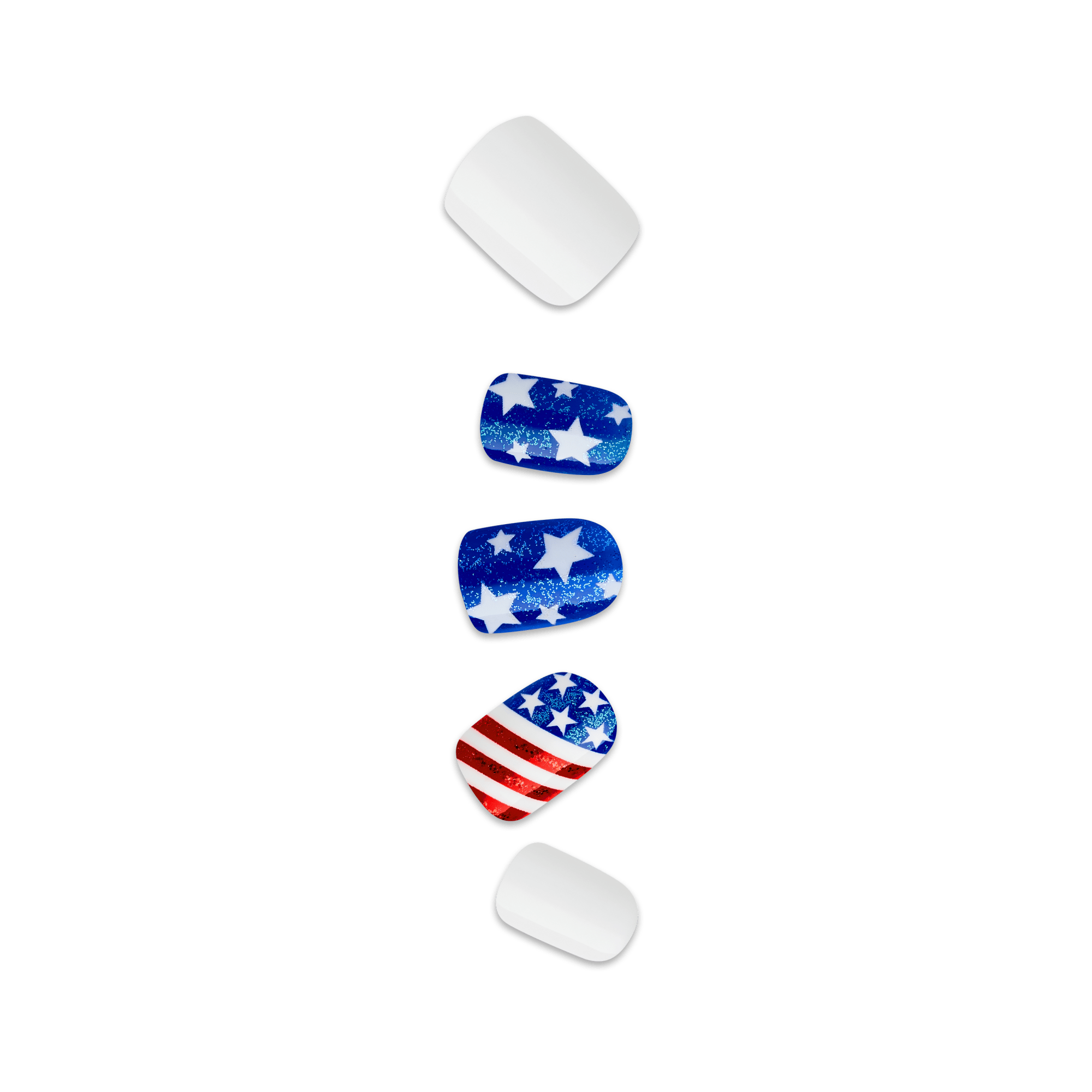 Set of glittery american flag inspired nails with star patterns on a clear background