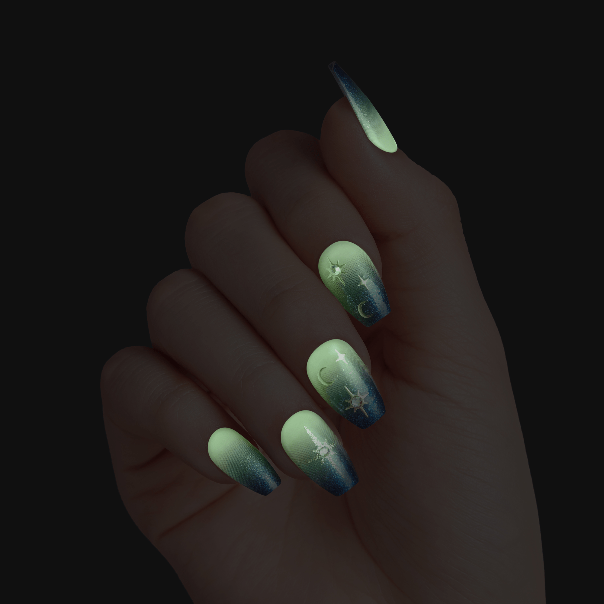 Impress Design Halloween No Glue Fake Press On Nails - Fatal Spell | Design, Blue, Medium, Coffin, Glow In The Dark, Manicure