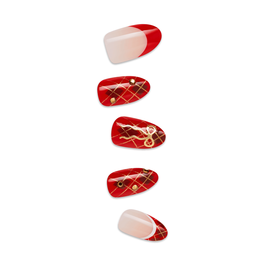 Impress Design Holiday No Glue Fake Press On Nails - Holly | French Design, Red, Medium, Almond, Manicure