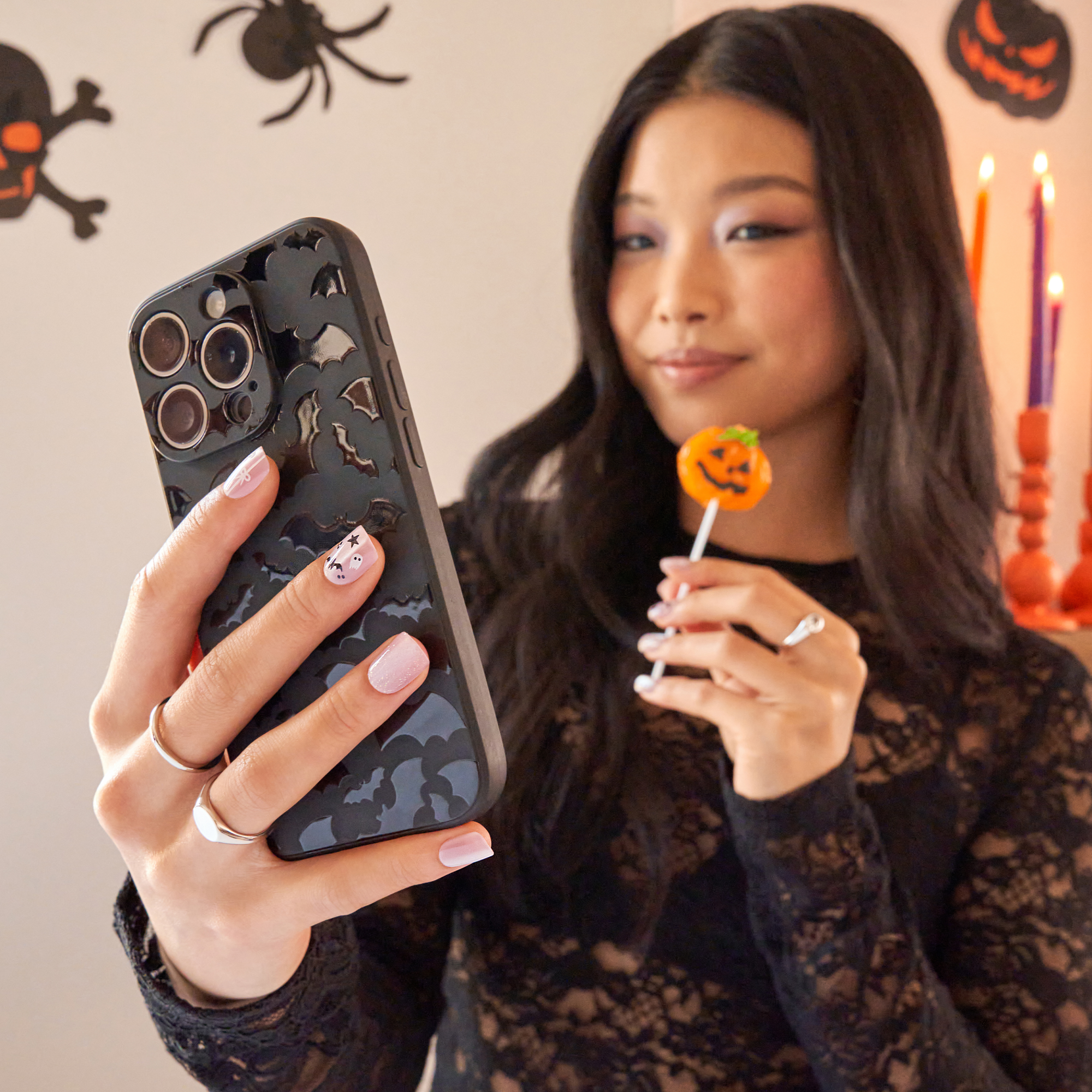 Impress Design Halloween No Glue Fake Press On Nails - Broom &amp; Bloom | Design, Pink, Short, Squoval, Glow In The Dark, Manicure