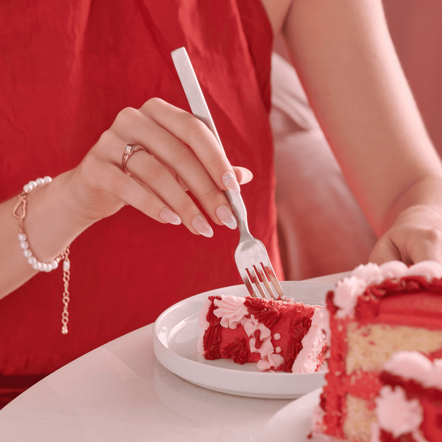 pink nails with red dress fitted lace wedding dress Red Dress Short Almond Press-On Nails