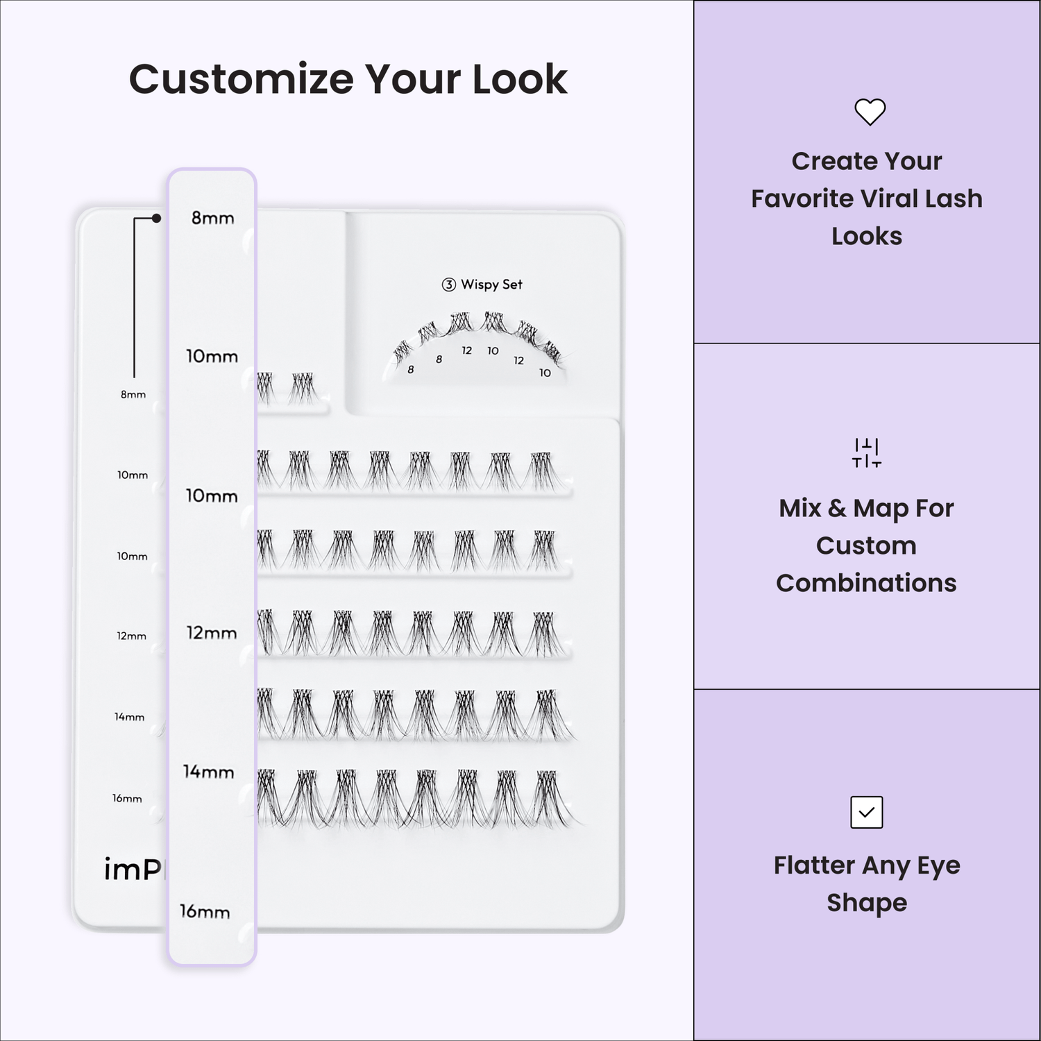 Eyelash extension kit with measurement chart and customization options on a white background