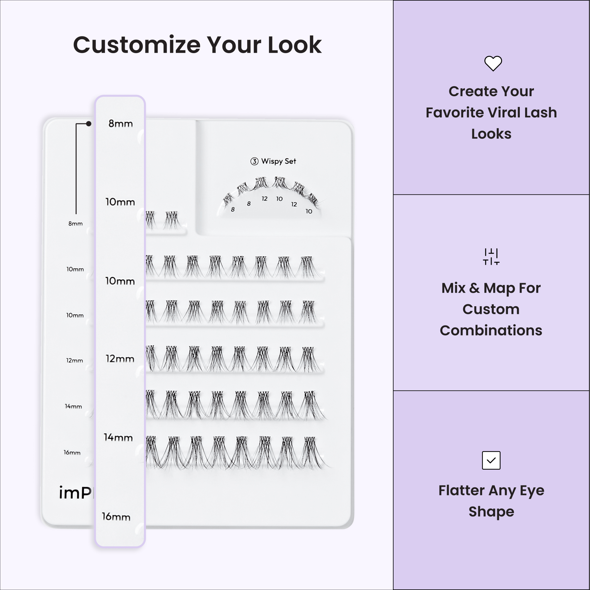 Eyelash extension kit with measurement chart and customization options on a white background