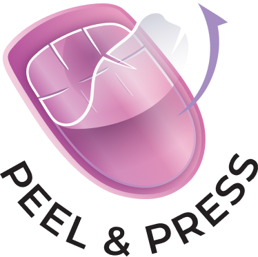 Peel & Press icon showing pink applicator tool with curved arrow indicating application motion.