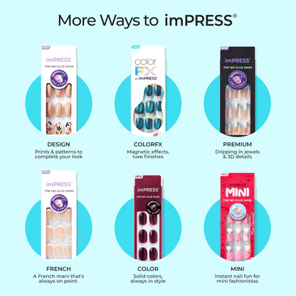 imPRESS nail art product packaging with different styles on a light blue background