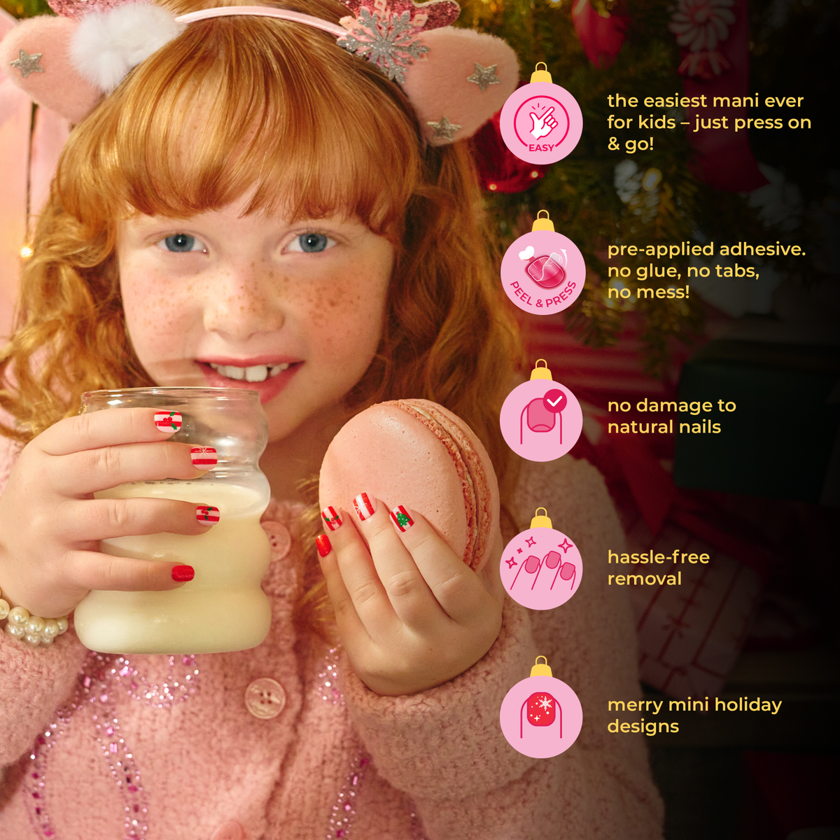 Impress Kids Holiday No Glue Fake Press On Nails - Little Elf | Design, Multicolor, Kids, Squoval, Manicure