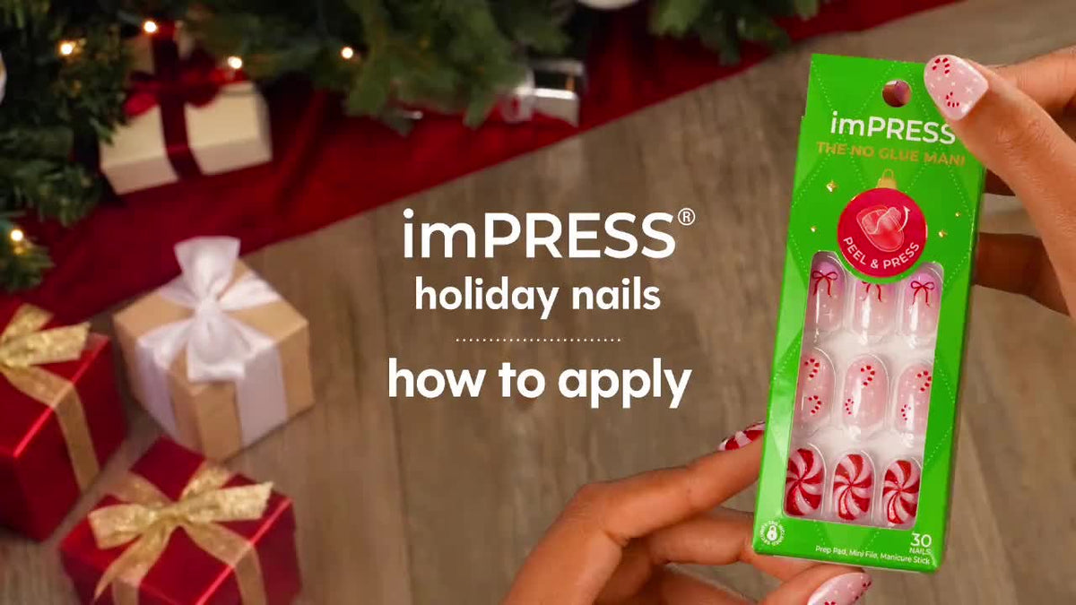 Impress Design Holiday No Glue Fake Press On Nails - Flare | Design, Gold, Short, Squoval, Manicure