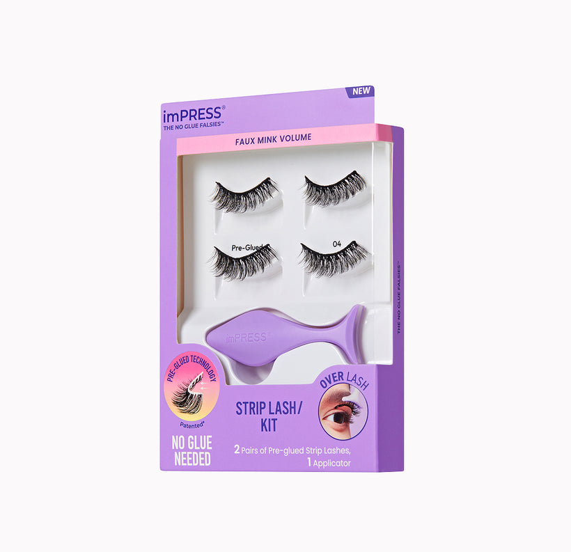 imPRESS Strip Lash Kit with faux mink volume lashes and purple applicator, no glue needed.