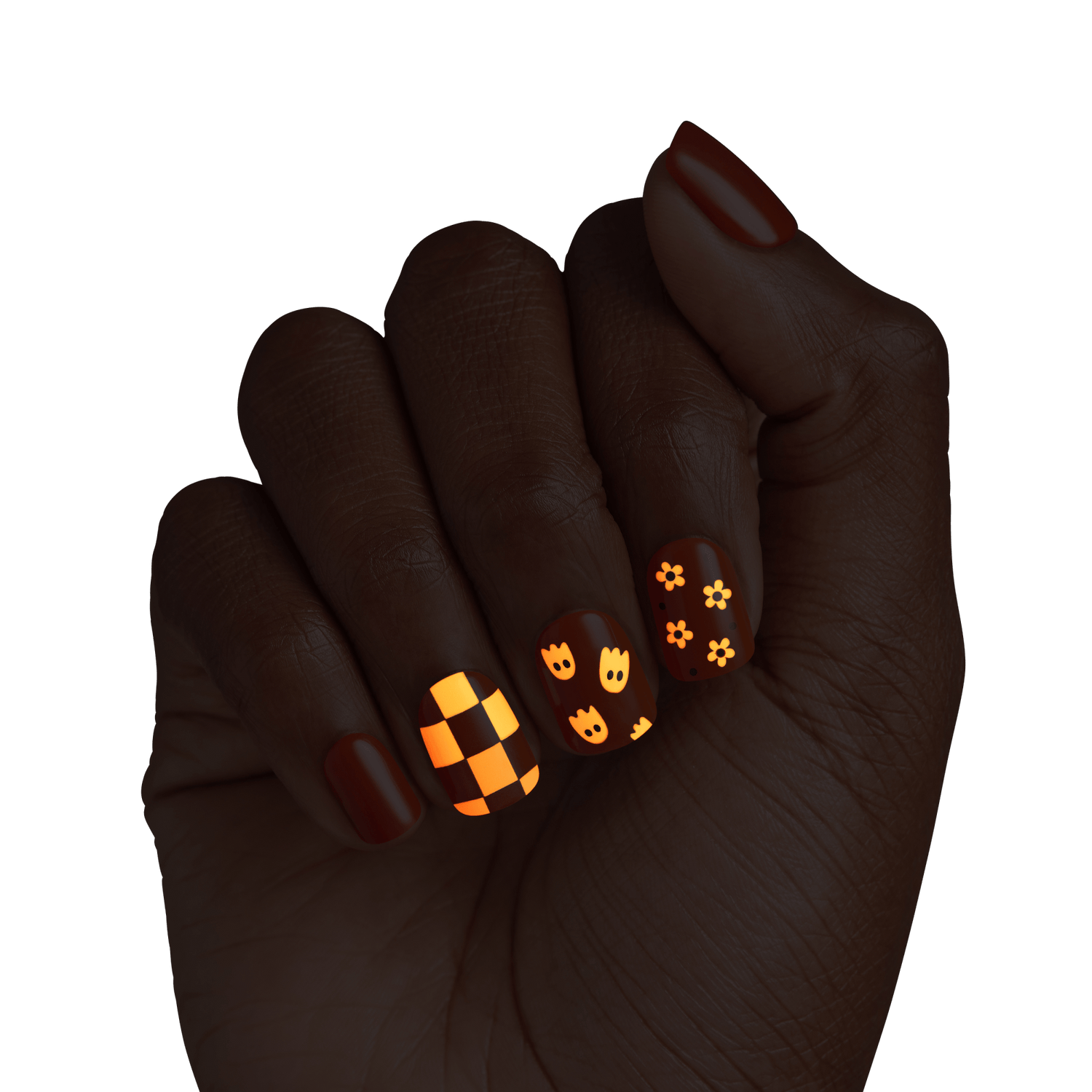 Impress Design Halloween No Glue Fake Press On Nails - Fangs Out | Design, Orange, Short, Squoval, Glow In The Dark, Manicure
