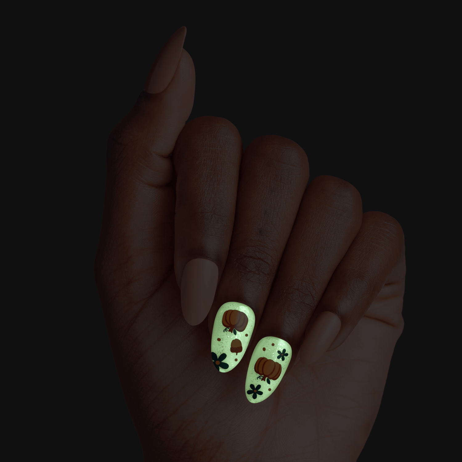 Impress Design Halloween No Glue Fake Press On Nails - Dark Aura | Design, Brown, Medium, Almond, Glow In The Dark, Manicure