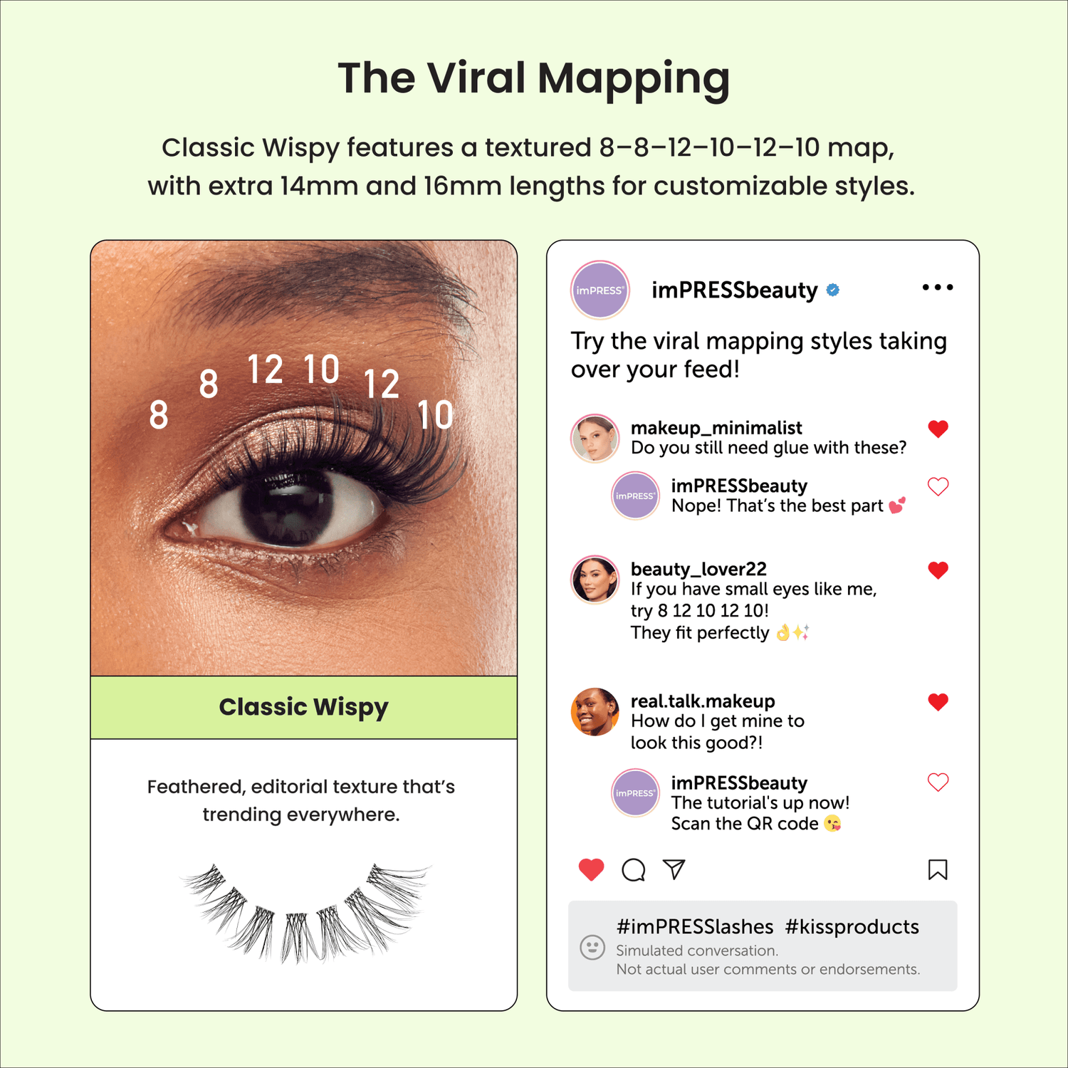 Advertisement for imPRESSbeauty lashes with eye lash map and user comments.