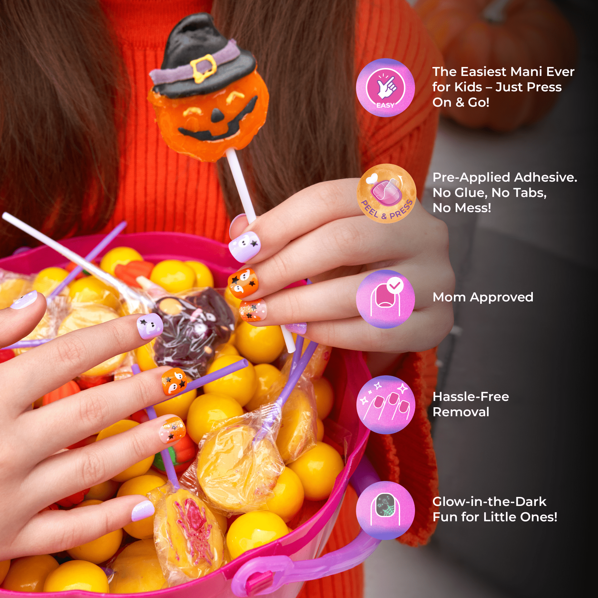 Impress Kids Halloween No Glue Fake Press On Nails - Spookz | Design, Multicolor, Kids, Squoval, Glow In The Dark, Manicure